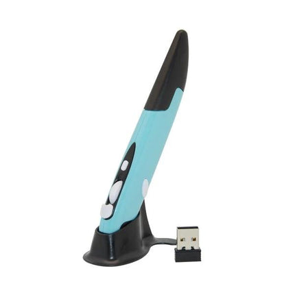 Wireless Pen Mouse for Computer Drawing and Teaching Options - turquoise pen-shaped wireless mouse with USB receiver on stand
