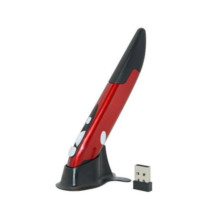 Wireless Pen Mouse for Computer Drawing and Teaching Options - red pen-shaped wireless mouse with USB receiver on stand for drawing and presentations