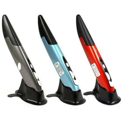 Wireless Pen Mouse for Computer Drawing and Teaching Options - three pen-style wireless mice in gray, blue, and red on stands
