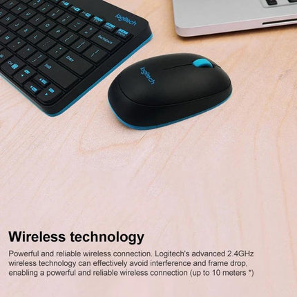 Logitech Wireless Keyboard and Mouse Set for Everyday Computing - compact black wireless keyboard and mouse on desk near laptop
