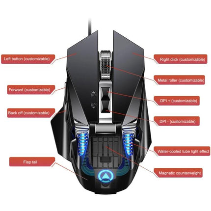 YINDIAO G10 Wired Mechanical Gaming Mouse with RGB Lights showing labeled customizable buttons, DPI controls, metal roller, magnetic weights and RGB lighting