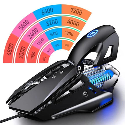 YINDIAO G10 Wired Mechanical Gaming Mouse with RGB Lights showing adjustable DPI levels up to 7200 and illuminated design