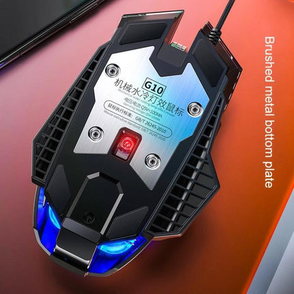 YINDIAO G10 Wired Mechanical Gaming Mouse with RGB Lights showing brushed metal bottom plate and blue RGB glow