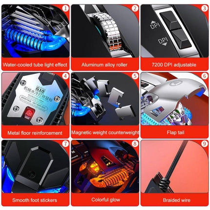YINDIAO G10 Wired Mechanical Gaming Mouse with RGB Lights showing water-cooled tube, 7200 DPI buttons, aluminum roller, braided wire, and RGB glow