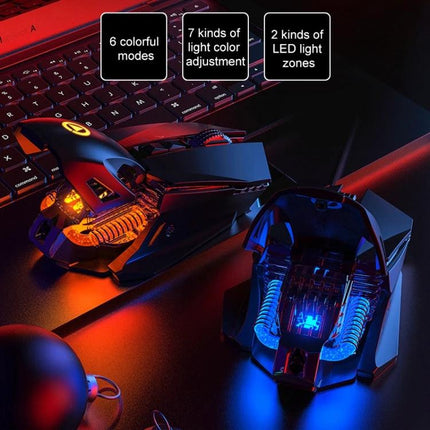 YINDIAO G10 Wired Mechanical Gaming Mouse with RGB Lights showing dual mice with orange and blue LED zones, 6 modes and 7 color adjustments