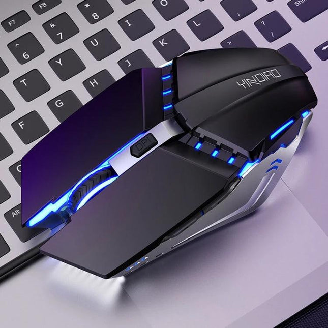 YINDIAO Wired Mechanical Mouse for Gaming and Office Use showing ergonomic black wired gaming mouse with blue LED accents on laptop