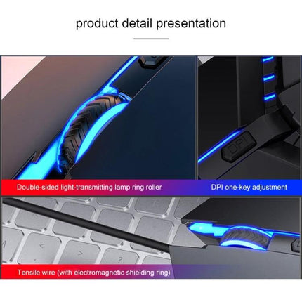 YINDIAO Wired Mechanical Mouse for Gaming and Office in Black showing blue LED lighted scroll wheel, DPI button and braided tensile wire