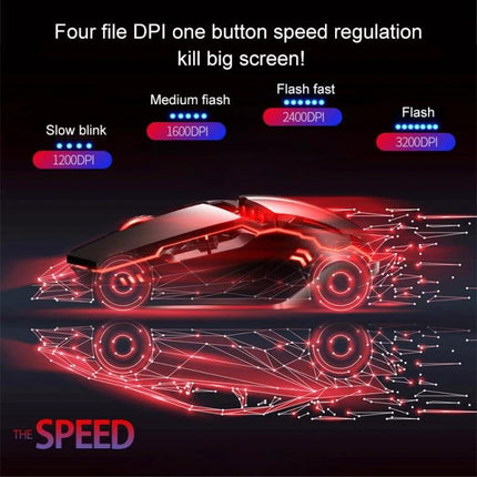 YINDIAO Wired Mechanical Mouse for Gaming and Office in Black showing DPI modes 1200 1600 2400 3200 with red racing light design
