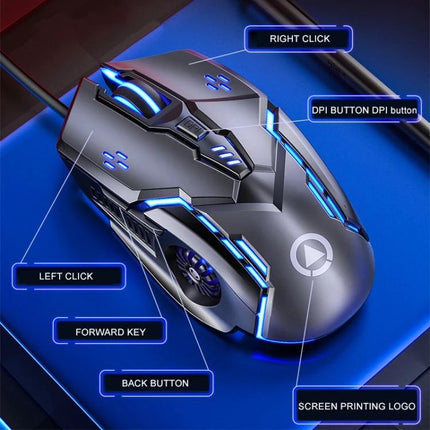 YINDIAO Black Silent Wired Gaming Mouse for Precise Everyday Control — sleek black wired gaming mouse with blue LED accents and labeled buttons
