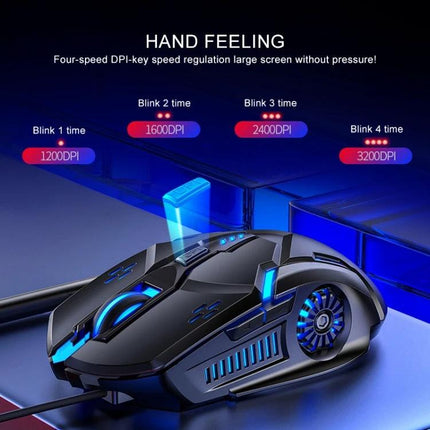 YINDIAO Black Silent Wired Gaming Mouse for Precise Everyday Control showing four-speed DPI settings 1200/1600/2400/3200 with blue LED accents