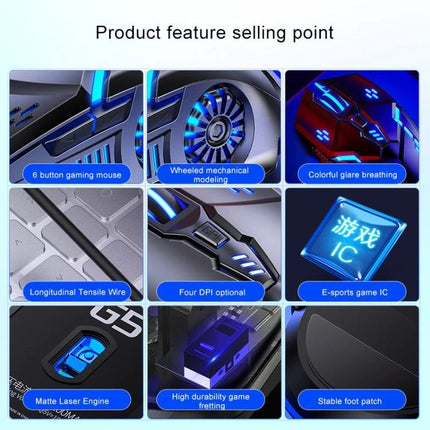 YINDIAO Black Silent Wired Gaming Mouse for Precise Everyday Control close-up of features: 6 buttons, wheel, LED breathing, laser engine, braided cable