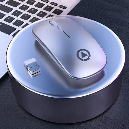 YINDIAO Wireless Silent Mouse for Quiet Everyday Computing - slim silver wireless mouse with USB receiver on desk near laptop