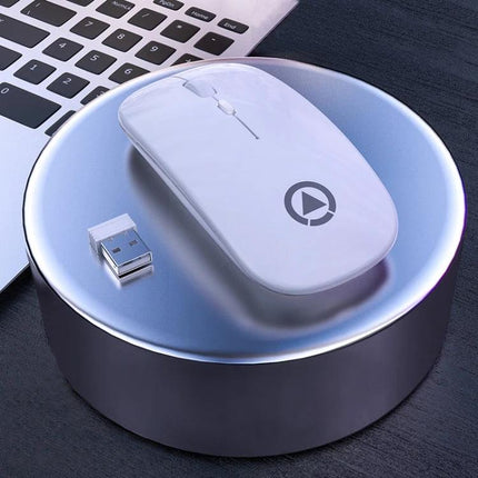 YINDIAO Wireless Silent Mouse for Quiet Everyday Computing shown in white with USB dongle on a desk near laptop — quiet click design for shared workspaces