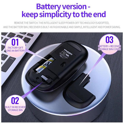 YINDIAO Wireless Silent Mouse for Quiet Everyday Computing - battery version with built-in receiver storage and single AA battery shown