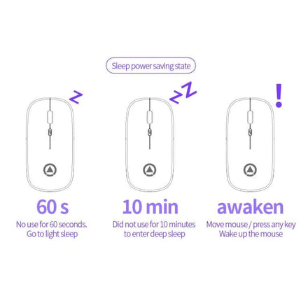 YINDIAO Wireless Silent Mouse for Quiet Everyday Computing showing light sleep after 60s, deep sleep after 10min, and awaken on movement