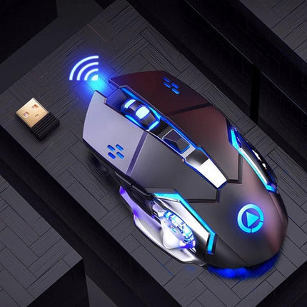 YINDIAO Wireless Silent Gaming Mouse for Everyday Precision Tasks sleek black wireless gaming mouse with blue LED accents and USB dongle