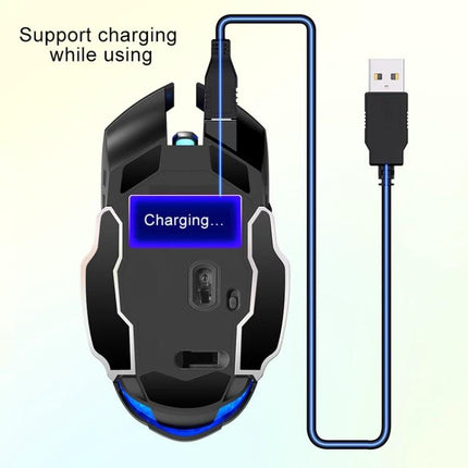 YINDIAO Wireless Silent Gaming Mouse for Everyday Precision Tasks showing USB charging cable connected, charging indicator and ergonomic bottom view