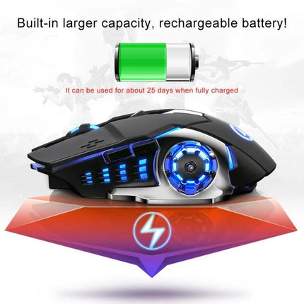 YINDIAO Wireless Silent Gaming Mouse for Everyday Precision Tasks showing rechargeable battery, blue LED accents and ergonomic silent clicks