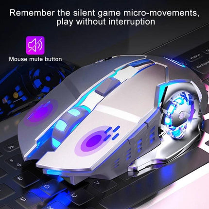 YINDIAO Wireless Silent Gaming Mouse for Everyday Precision Tasks showing silver RGB silent gaming mouse on keyboard with mute button and glowing scroll wheel