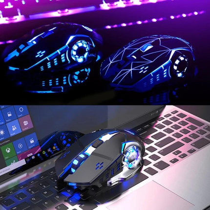 YINDIAO Wireless Silent Gaming Mouse for Everyday Precision Tasks - black wireless silent gaming mouse with blue LED lighting on laptop and reflective surface