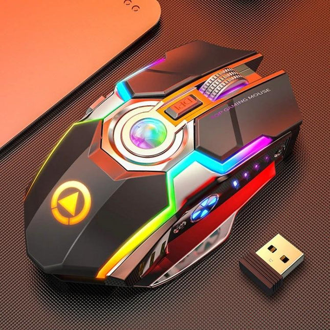 YINDIAO Wireless Silent Rechargeable Gaming Mouse for Quiet Use in black with RGB lights, ergonomic silent-click design and USB receiver