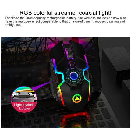 YINDIAO Wireless Silent Rechargeable Gaming Mouse for Quiet Use showcasing RGB colorful streamer coaxial lighting and light switch button