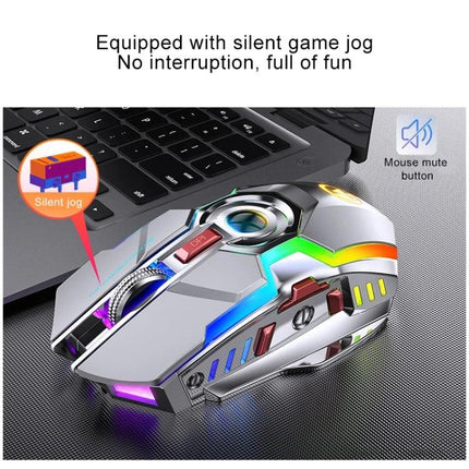 YINDIAO Wireless Silent Rechargeable Gaming Mouse for Quiet Use showing RGB lighting, silent micro keys, and mouse mute button near laptop