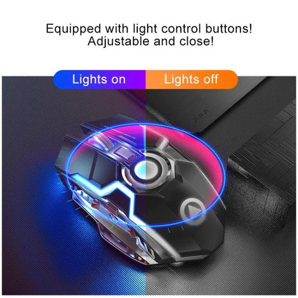 YINDIAO Wireless Silent Rechargeable Gaming Mouse for Quiet Use showing RGB lights on and off with adjustable light control buttons