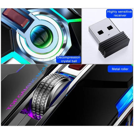 YINDIAO Wireless Silent Rechargeable Gaming Mouse for Quiet Use showing metal roller, decompression crystal ball and USB receiver