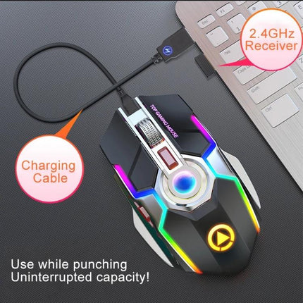 YINDIAO Wireless Silent Rechargeable Gaming Mouse for Quiet Use shown wired charging with 2.4GHz receiver and RGB lighting