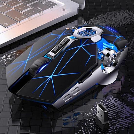 YINDIAO A7 Wireless Silent Gaming Mouse for Everyday Use - sleek black wireless silent gaming mouse with blue LED accents next to laptop and USB dongle