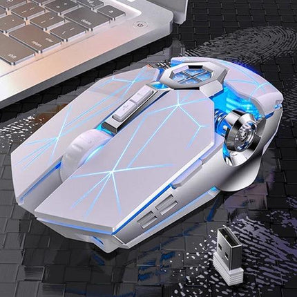YINDIAO A7 Wireless Silent Gaming Mouse for Everyday Use white LED wireless mouse next to laptop with USB dongle
