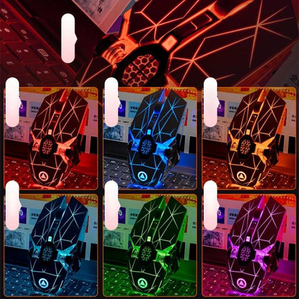YINDIAO A7 Wireless Silent Gaming Mouse for Everyday Use RGB geometric pattern mouse shown in six colorful backlit variations