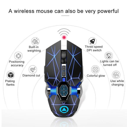 YINDIAO A7 Wireless Silent Gaming Mouse for Everyday Use - black ergonomic wireless mouse with blue LED geometric lighting and DPI switch