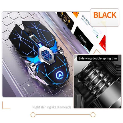 YINDIAO A7 Wireless Silent Gaming Mouse for Everyday Use black LED geometric design on laptop showing side spring detail