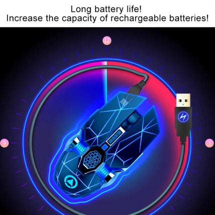YINDIAO A7 Wireless Silent Gaming Mouse for Everyday Use showing blue LED gaming mouse with USB cable and long battery life graphic