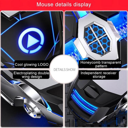 YINDIAO A7 Wireless Silent Gaming Mouse for Everyday Use — blue glowing logo, honeycomb pattern, wing design, receiver storage