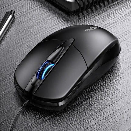 YINDIAO Wired Business Mouse with RGB Lighting for Office Tasks in black with blue illuminated scroll wheel on wooden desk