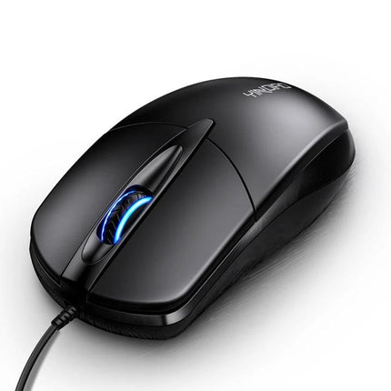 YINDIAO Wired Business Mouse with RGB Lighting for Office Tasks - black wired office mouse with blue RGB scroll wheel and ergonomic design