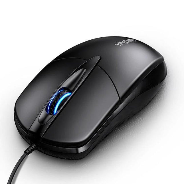 YINDIAO Wired Business Mouse with RGB Lighting for Office Tasks - black wired office mouse with blue RGB scroll wheel and ergonomic design