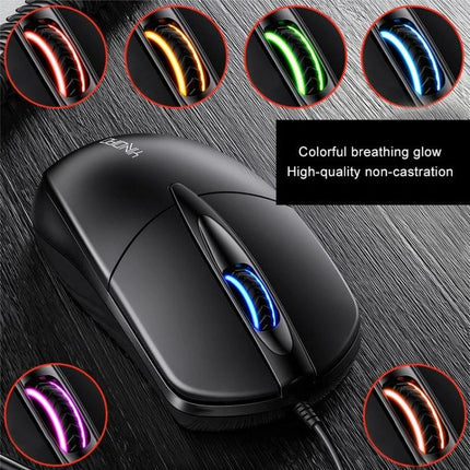 YINDIAO Wired Business Mouse with RGB Lighting for Office Tasks - black wired mouse with colorful RGB breathing glow on scroll wheel and ergonomic design