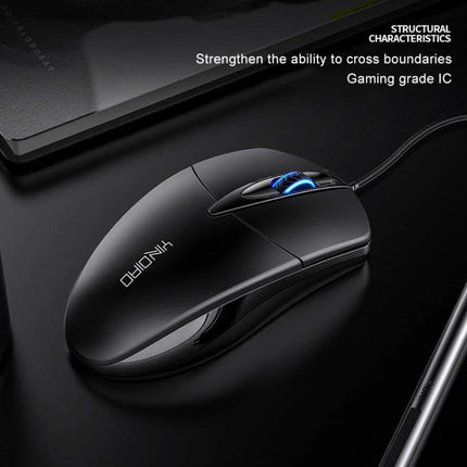 YINDIAO Wired Business Mouse with RGB Lighting for Office Tasks shown on desk with blue lit scroll wheel and wired connection