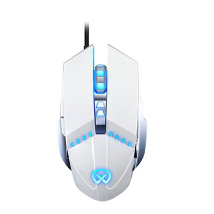 Alt Tag: Ergonomic Black Wired Gaming Mouse with Adjustable Sensitivity — white gaming mouse with blue LED lights, braided cable, and four DPI buttons