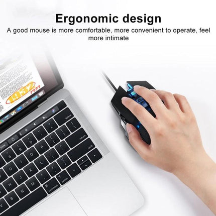 Ergonomic Black Wired Gaming Mouse with Adjustable Sensitivity shown in hand next to laptop highlighting ergonomic shape and illuminated DPI buttons