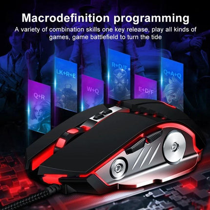 Ergonomic Black Wired Gaming Mouse with Adjustable Sensitivity showing red-black gaming mouse with macro programming panels and braided cable