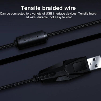 Ergonomic Black Wired Gaming Mouse with Adjustable Sensitivity braided USB cable close-up showing tensile braided wire and ferrite core