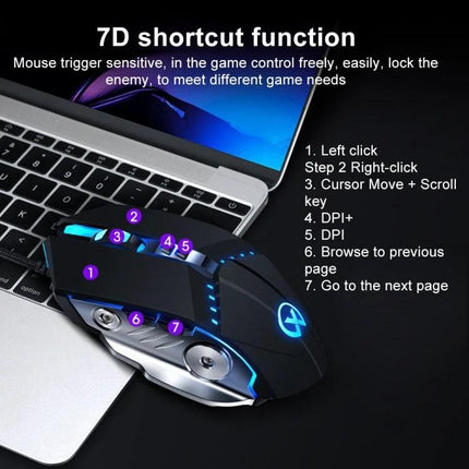 Ergonomic Black Wired Gaming Mouse with Adjustable Sensitivity showing 7D shortcut buttons, RGB accents, and four DPI settings next to a laptop