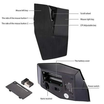 Wireless Optical Mouse with USB Receiver for Computer Use showing top buttons, scroll wheel, CPI key, battery cover, nano receiver and power switch