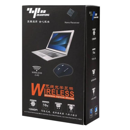 Wireless Optical Mouse with USB Receiver for Computer Use boxed product image showing USB nano receiver and laptop, black packaging