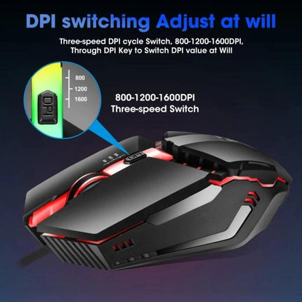 ZGB K3 Ergonomic Wired Gaming Mouse with RGB Lights showing three-speed 800-1200-1600 DPI switch and ergonomic ambidextrous design